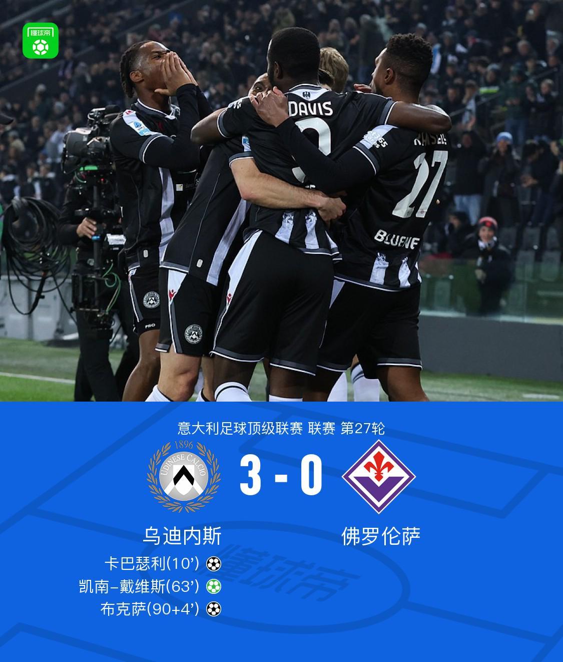 篮球数据-乌迪内斯3-0佛罗伦萨,凯南-戴维斯点射,卡巴瑟利破门